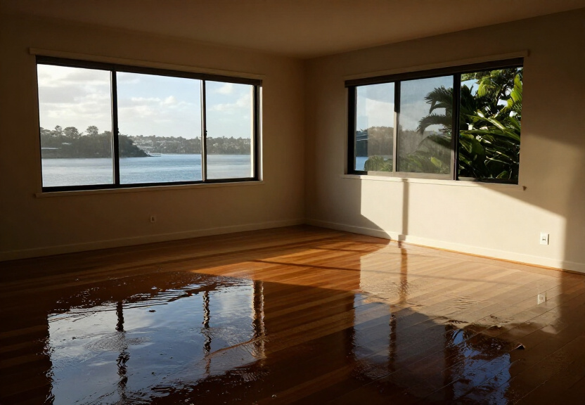 Flood-damaged living room in Earlwood before restoration